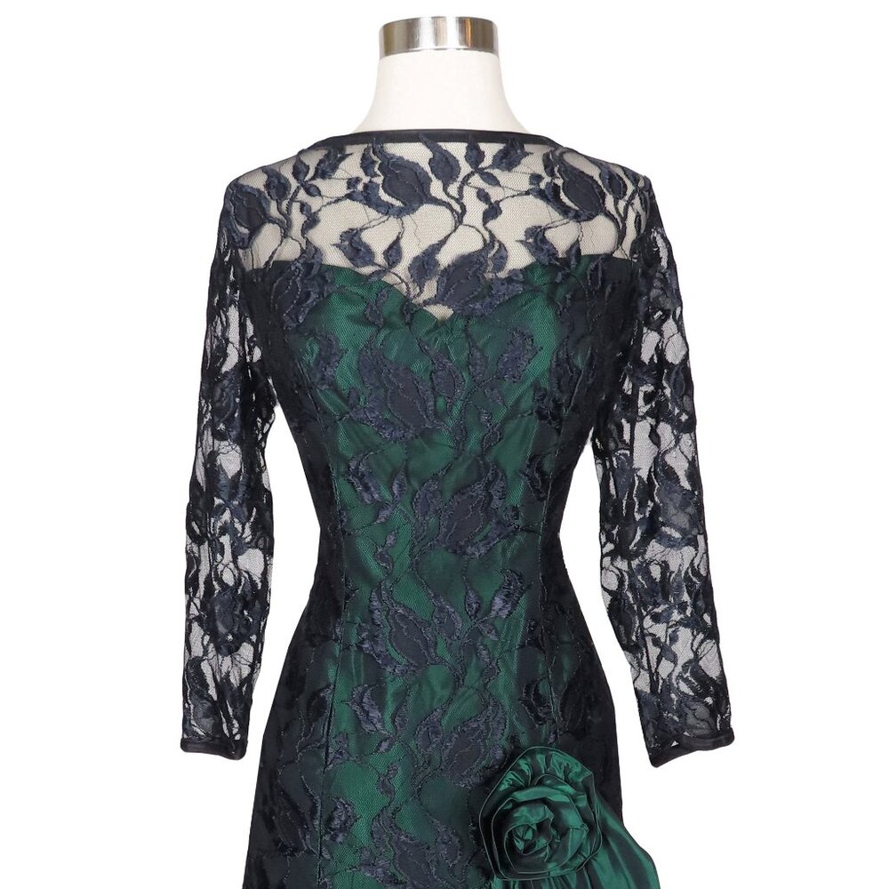 Vintage 80s Black Lace Green Long Sleeve Mermaid Full Skirt Prom Party Dress M - Picture 5 of 10